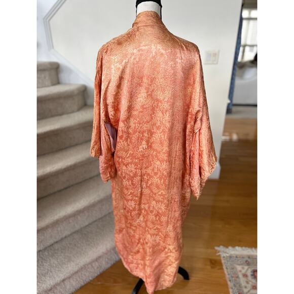 Vintage 60s Peach Orange Satin Chinoiserie Full Length Kimono Duster - Picture 5 of 9